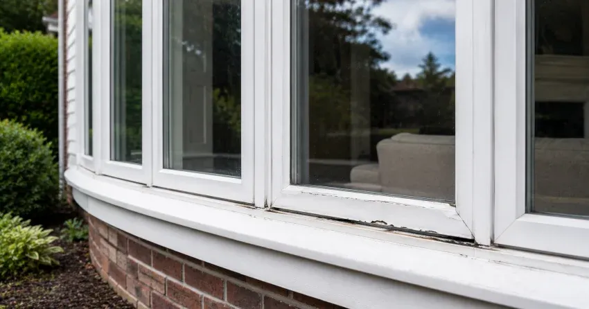 technician inspecting bow window frame and seal for damage in Orono