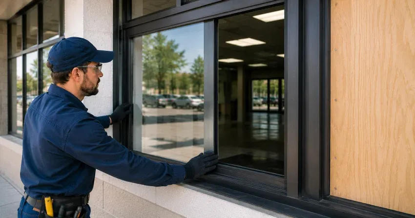 technician boarding a broken window after a break-in in Orono