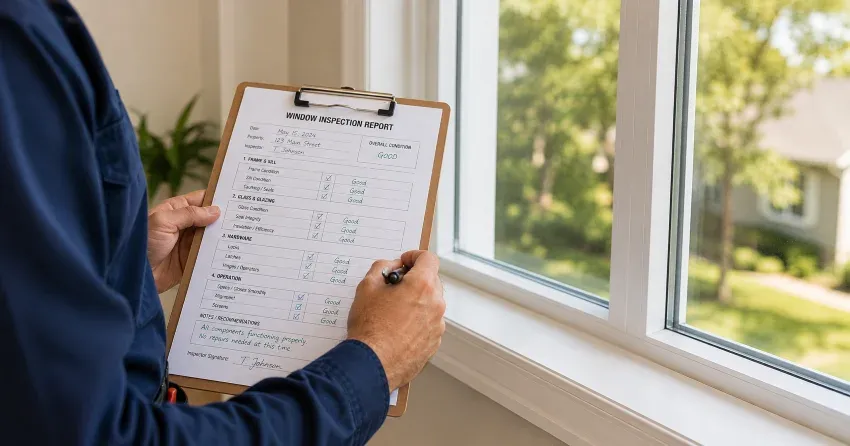 technician inspecting window seal and frame in Orono