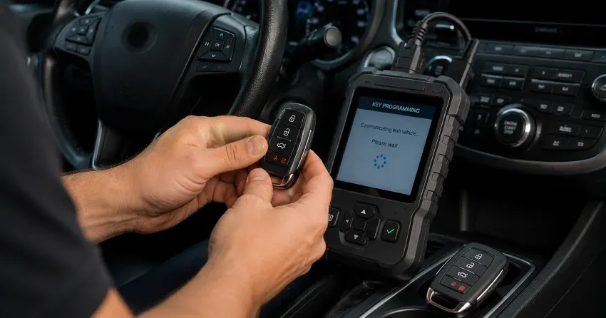 technician inspecting a worn car key before replacement in Orono