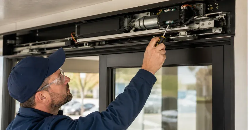 technician completing automatic door repair on residential property in Orono
