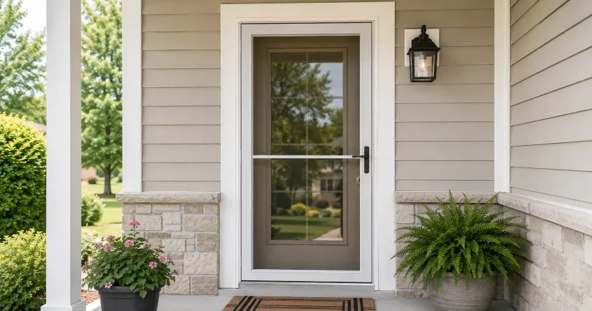 technician hanging storm door square and plumb in Orono