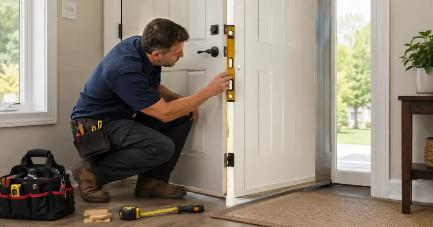 technician diagnosing a misaligned door frame in Orono