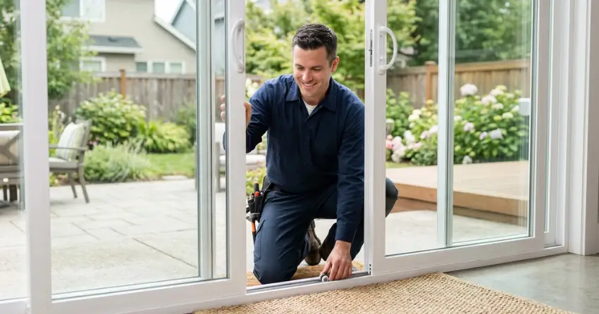 technician diagnosing a sticking patio door in Orono
