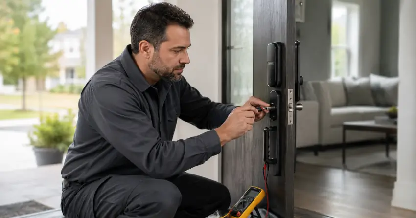 technician diagnosing automatic door lock mechanism on residential door in Orono