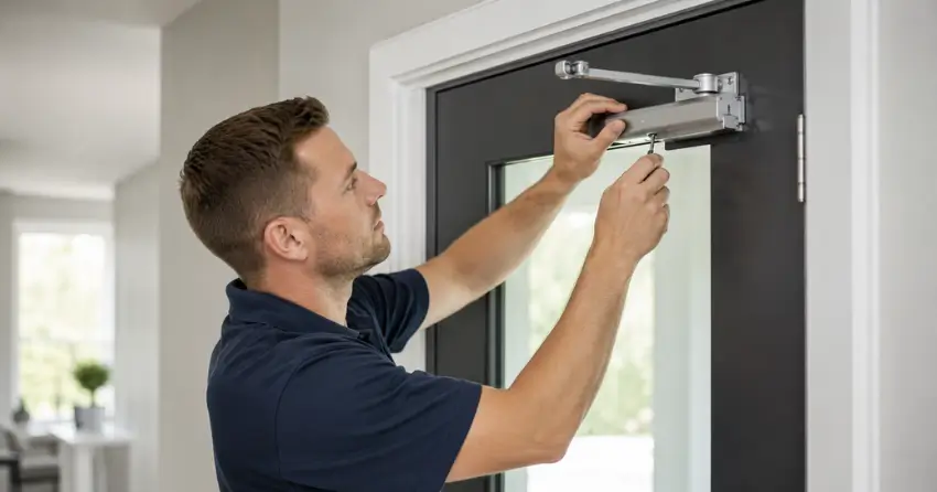 technician adjusting door closer hydraulic valve in Orono home
