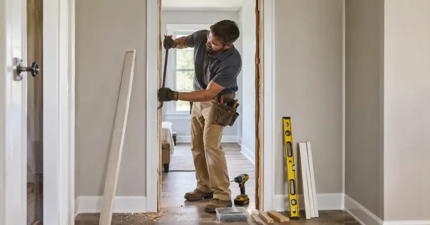 technician removing an old interior door frame during installation Orono