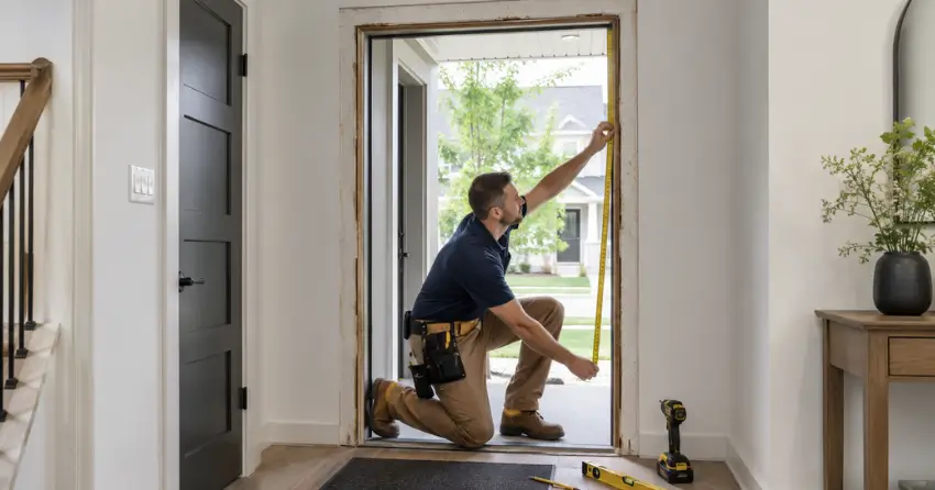 technician measuring a door frame before new door installation in Orono