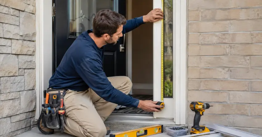 technician measuring door frame before storm door install in Orono