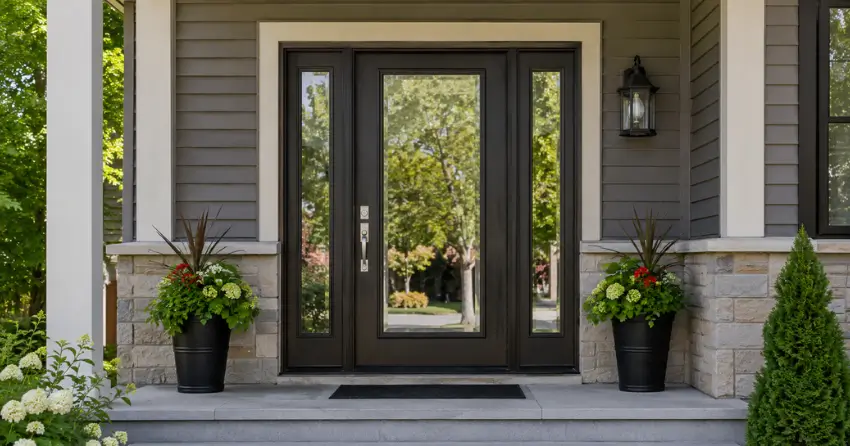 glass entry door with sidelights on a home in Orono
