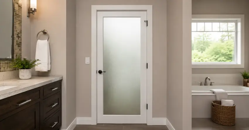 frosted glass panel bathroom door installed in a Orono home