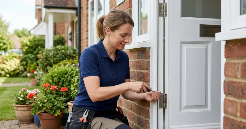 technician repairing exterior door hinge and frame in Orono