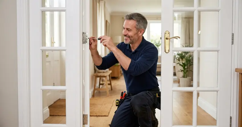technician adjusting French door hinge for proper alignment in Orono