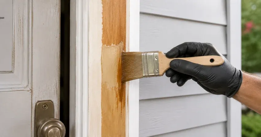 technician probing rotted wood on a door frame in Orono