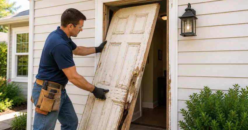 warped exterior door frame showing weather damage in Orono